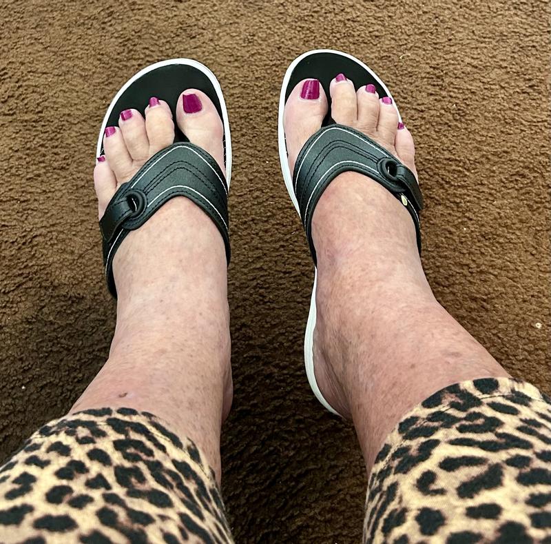 Most comfy flip flops ever! Love the Velcro that adjusts, very handy in the hot summer temps that cause feet to swell.