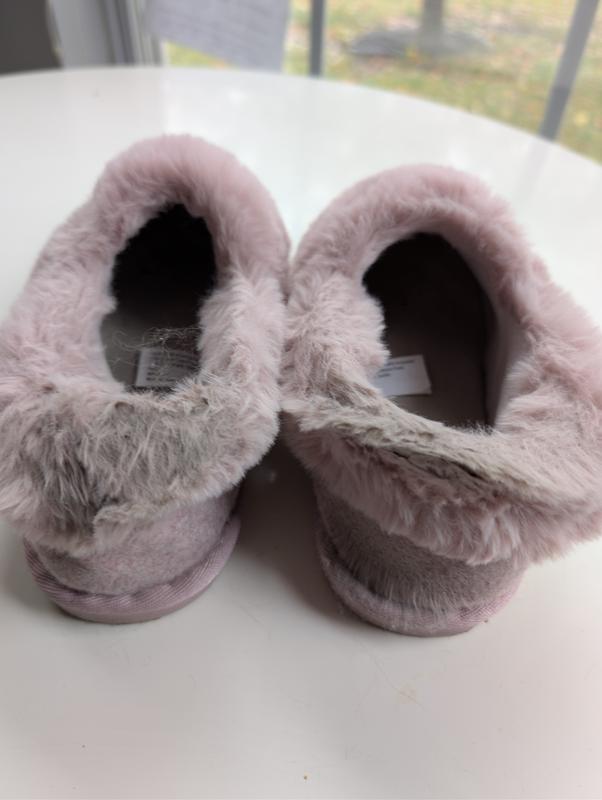 Front of slipper, squished down from back, back of slipper