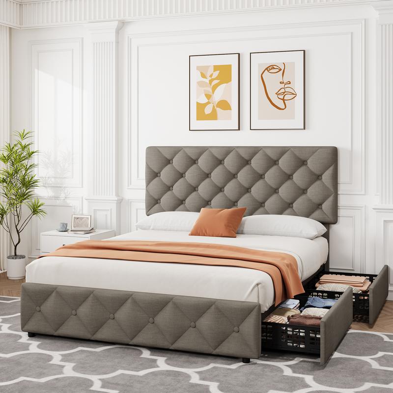 gaomon Queen Size Bed Frame with 4 Storage Drawers, Linen Upholstered ...