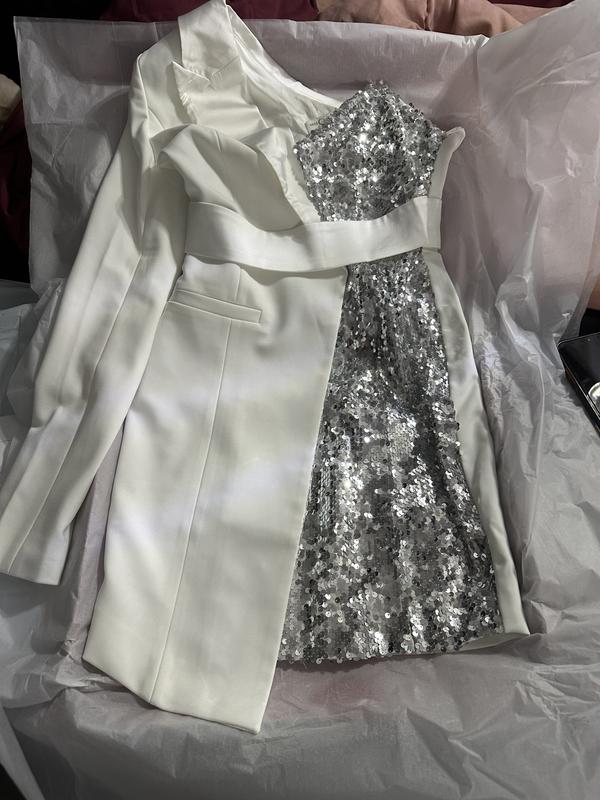 silver tuxedo dress Miss Circle Women's Silver Night White Sequin Crepe Tuxedo Blazer Dress
