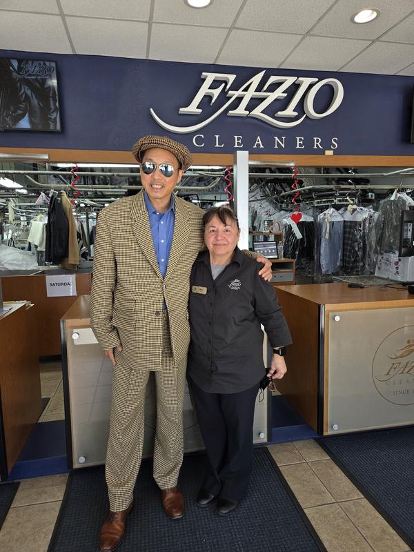 Me wearing my Mode of One Men's Relaxed-Fit Houndstooth Blazer, standing next to my tailor, Maro, who altered my pants, at Fazio Cleaners, Sherman Oaks, Los  Angeles, CA