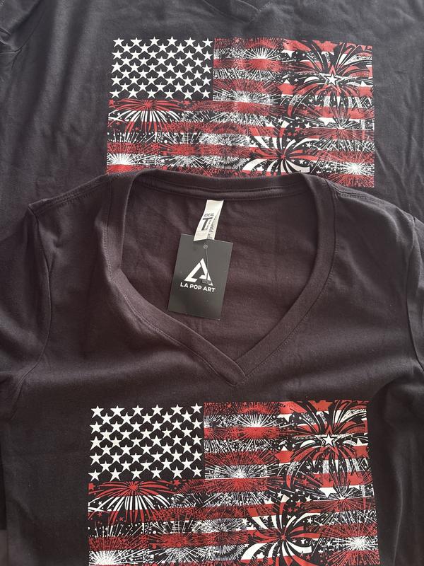 LA Pop Art Women's Fireworks American Flag V-neck T-shirt