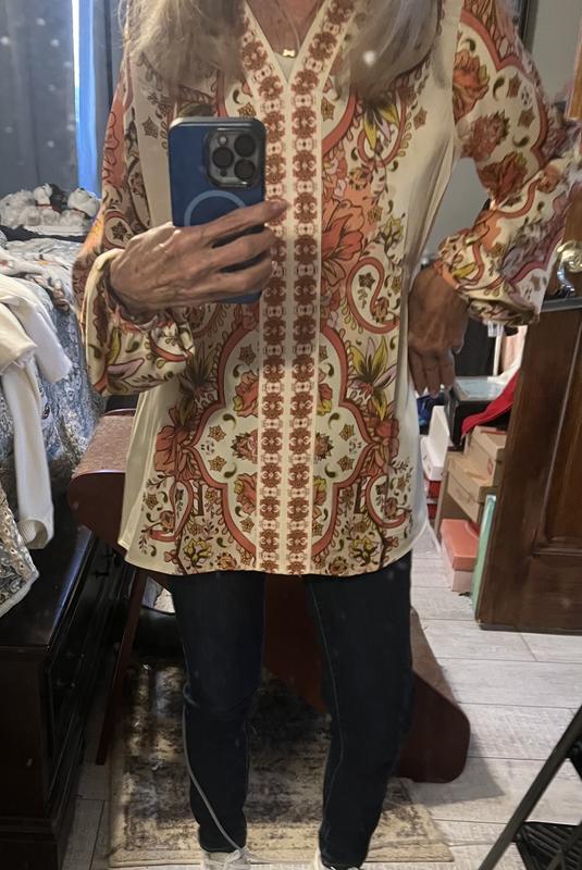 売れ筋商品|||ジェイエムコレクション カットソー トップス レディース Women's Printed Satin V-Neck Long-Sleeve Top, Exclusively at Macy's Teal Spark Jm Collection Women's Printed Satin V-Neck Long-Sleeve Top