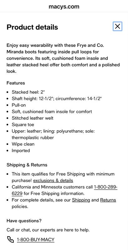 Product details on website