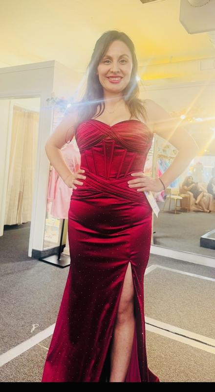 b darlin red strapless dress B Darlin Red Satin Corset Prom Dress Lace Up Back Slit Juniors 3/4 {Small}