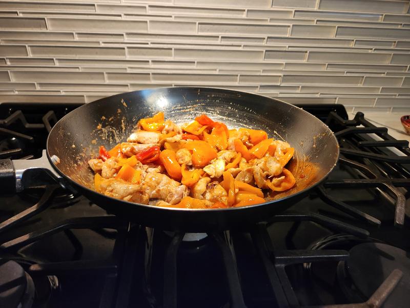 Semi-successful cooking with stir-fry pan.