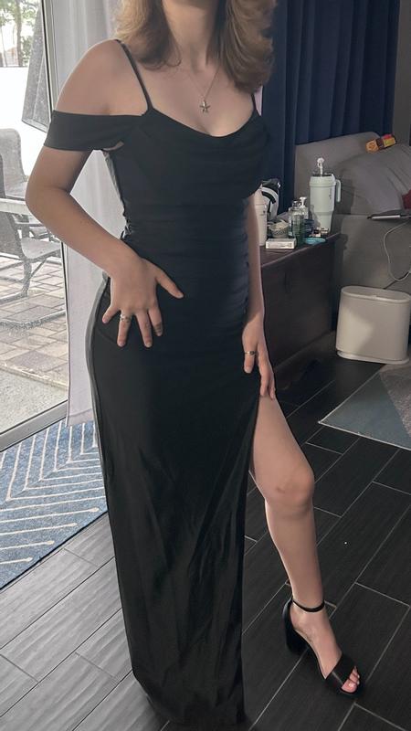 City Studio Juniors' Drape Off-The-Shoulder Side-Slit Gown 