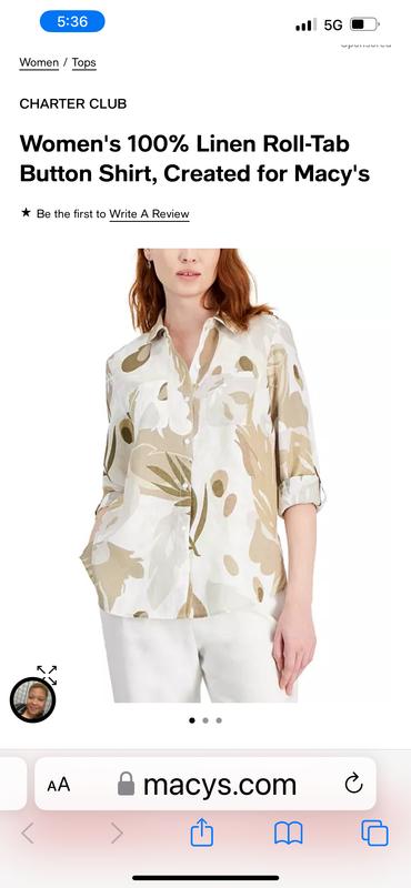 Charter Club Women's 100% Linen Roll-Tab Button Shirt