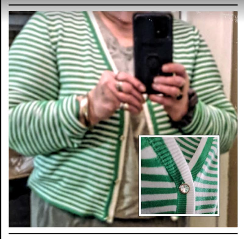 Rhinestone buttons, Wearing the piece, Collage showing the color and buttons