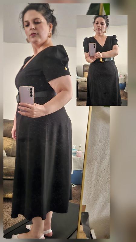 donna karan women's puff-sleeve belted a-line dress Donna Karan New York Belted Puff Sleeve Midi Dress In Black - 25% Off