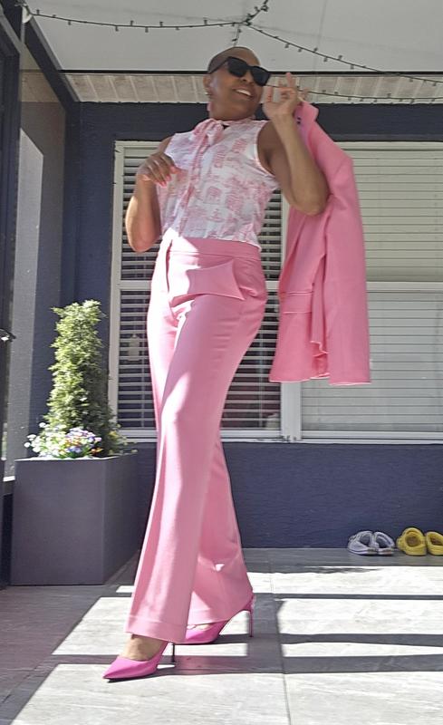 Women's One-Button Blazer, Straight-Leg Trousers & Printed Sleeveless Tie-Neck Blouse