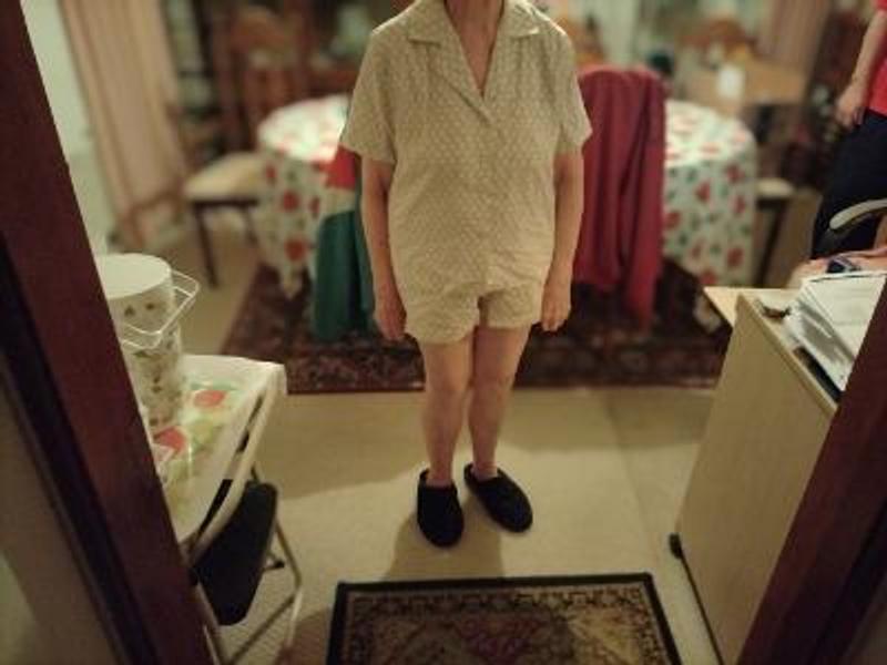 My mom wearing and displaying the Jenni PJs for review purposes.