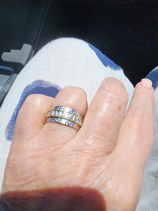 Cubic Zirconia Two Tone Hammered Band Ring in Sterling Silver