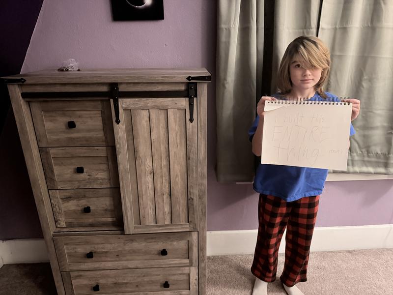 My 10 year old son claiming to have done all the work himself. He didn't, but he did save the day and step in to finish the piece when his older sister and I decided we needed a break.