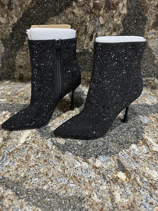 INC Womens Black Breathable Rhinestone Padded Rakima Pointed Toe Flare Zip-Up Dress Booties M
