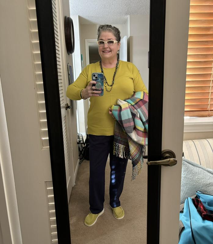 See how nice these pants look with my chartreuse sweater and shoes, and my groovy plaid ruana?