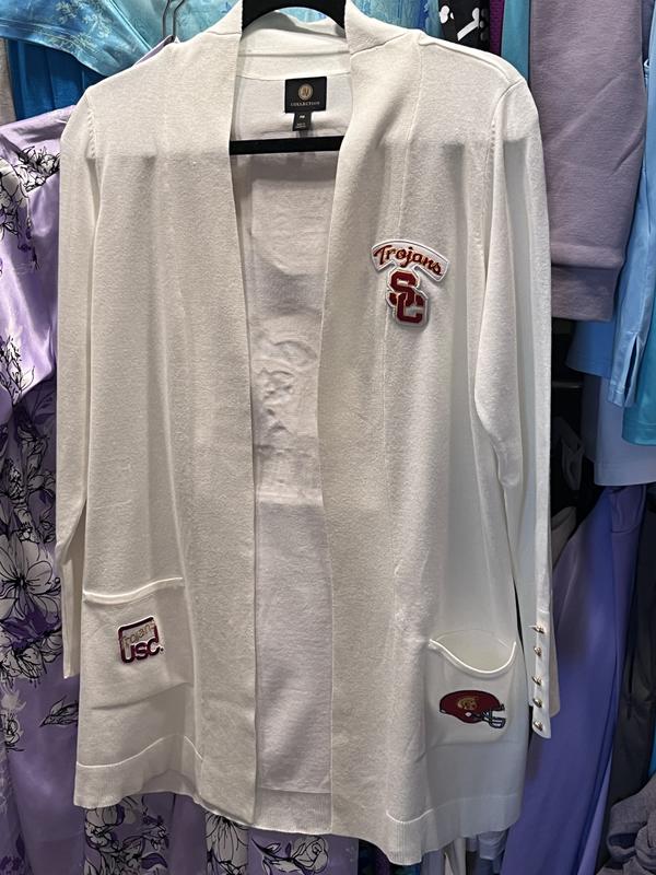 I have multiple colors of this same cardigan (over 10 colors) which coordinate well with many outfits providing layering for cooler weather!  This one I added patches representing my alma mater USC for a great price versus ordering from the stores.
