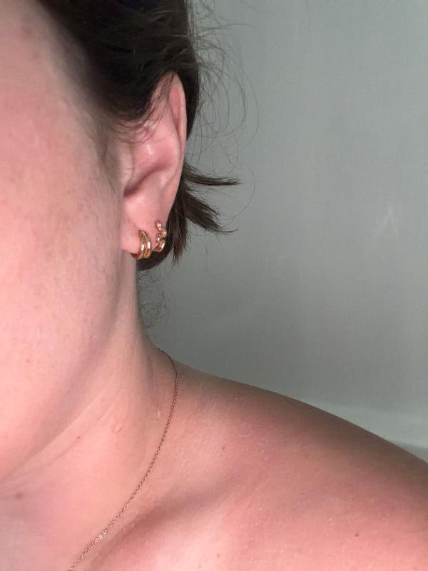 Customer photo for "Split Huggie Hook Earrings"