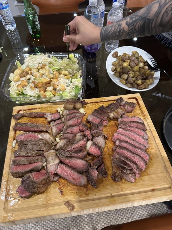 Reverse seared rib eyes. Finished it off on the madein pans. Got an awesome crust!