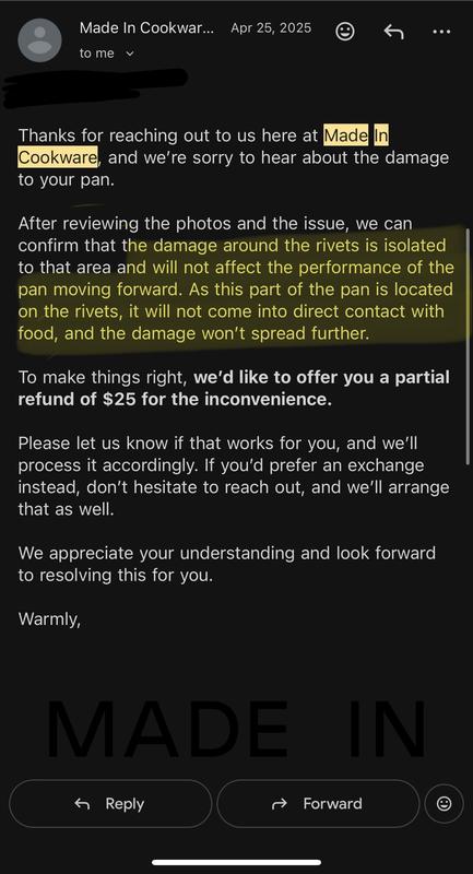 Response from Made In about original pan that had damage