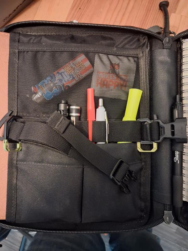 Great for mobile office (does not come with buckle strap). I used the magpul backpack front strap to secure more notepads.