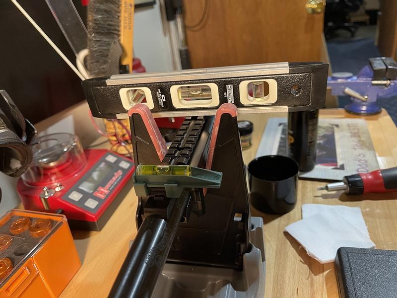 Leveled the replacement barrel to the receiver.  After dropping the receiver and barrel into the Hunter X-22 Stock, I re-leveled the scope to the receiver.