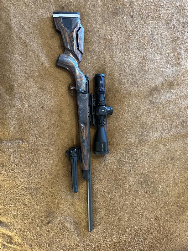 Attached to a Savage Mark II .22 caliber with Boyds Agility stock in shady camp laminate.