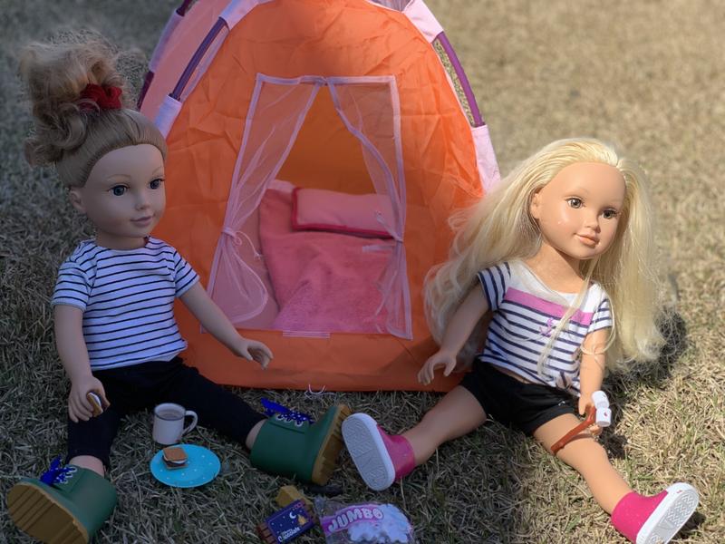 American Girl Doll Tent Camping Set with sight up fire