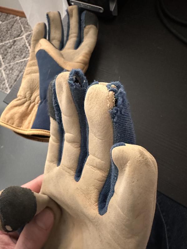 Hole happened after one day, photos are from after 4 days of wearing gloves. You can see multiple holes now.