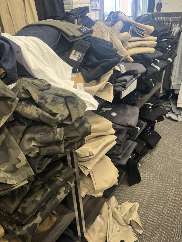 Multiply this by three racks. The types of pants (relaxed, slim, etc.) were all mixed together; good luck finding the correct size and type. A couple employees walked past and didn't flinch (Preston Crossing in Saskatoon). Very frustrating experience.