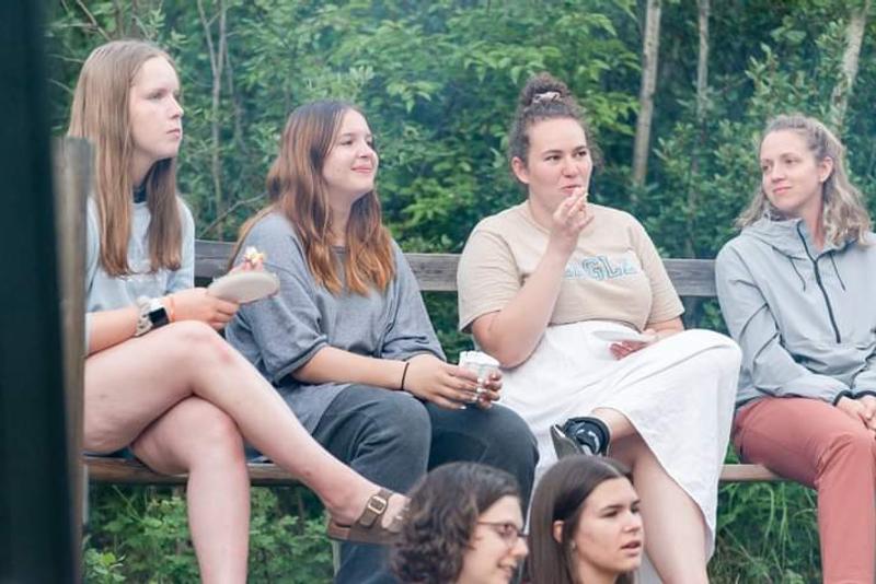 Wearing mosquito repellent pants and pullover on the far right!