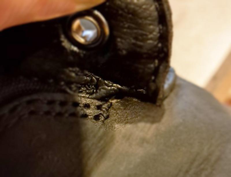 Lower quality seaming resulting in hole at tounge base of both boots