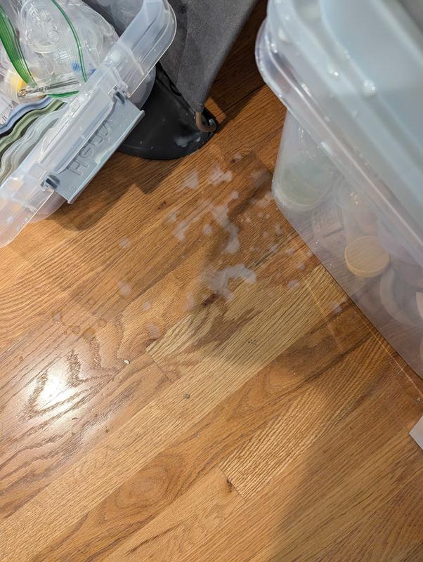 Leaning down to pick up a bottle and milk spilled everywhere