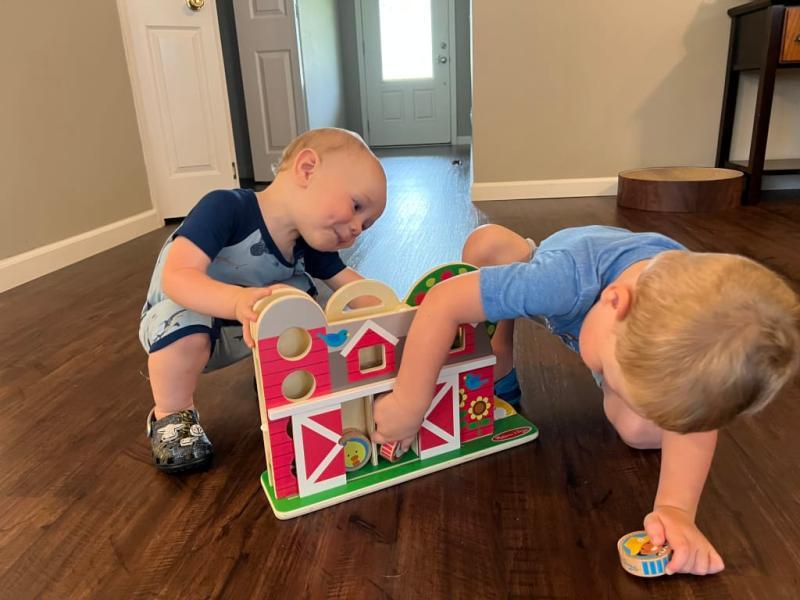 These two have been so entertained with the Melissa & Doug GO TOTS Barnyard Tumble. It is the first thing they play with when they wake up and stay very engaged with this toy.