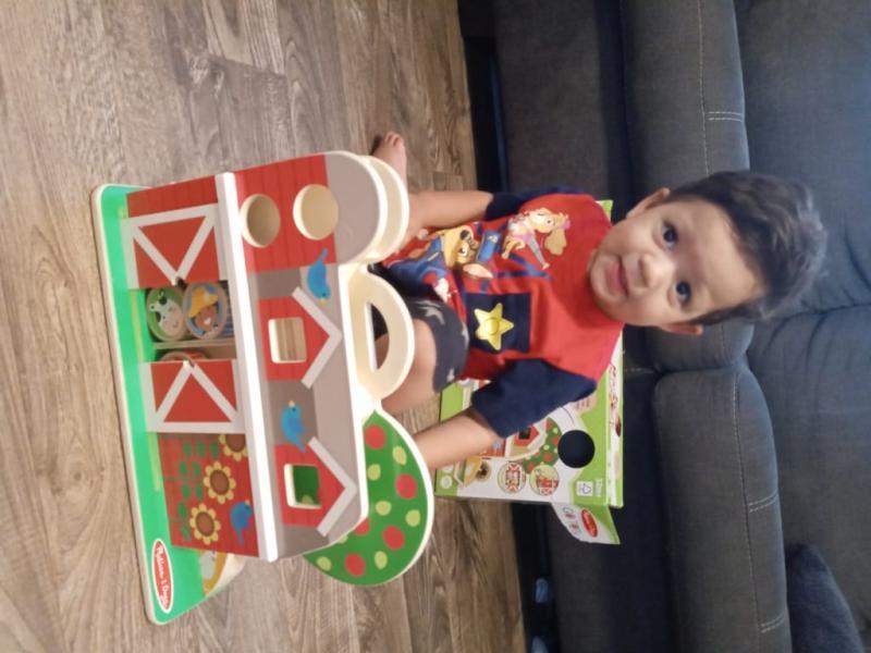 Playing with his GO TOTS Barnyard Tumble