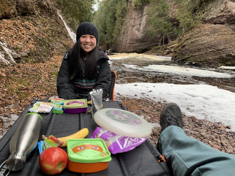 Next to some falls and frozen features