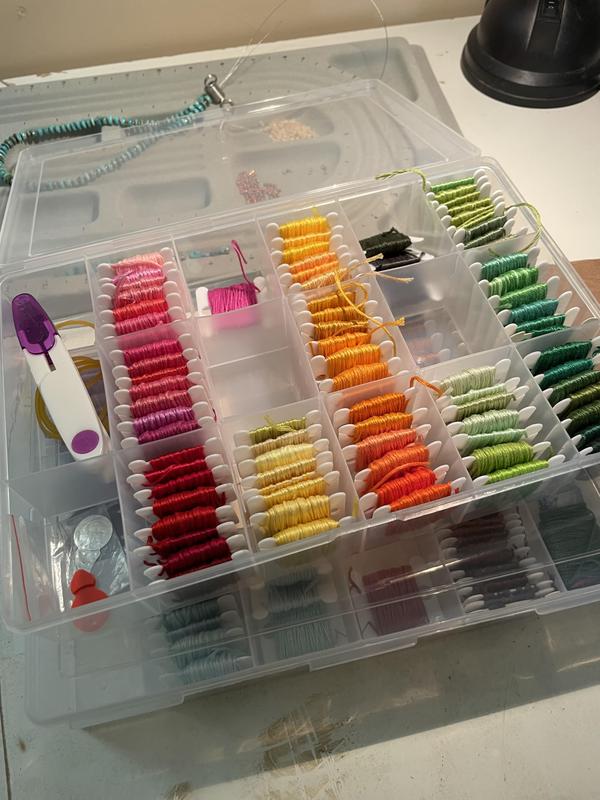 best tackle box for embroidery floss Queekay Organizer Set, Includes Compartments Cross Stitch Organizer Box, Plastic Floss Bobbins and 1790 Number Stickers Thread Sewing, 4 Sets(24 Grids,50 Pcs) Plastic storage box with secure snap closure lid Embroidery Floss Organizer with 24