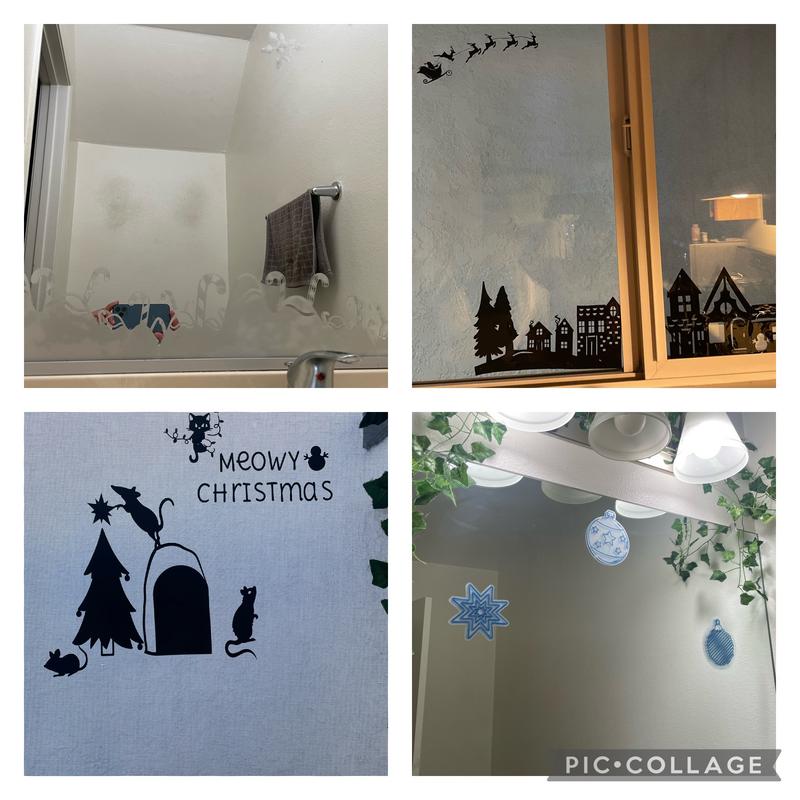 Christmas scene using Cricut machine, black vinyl, frosted window cling,  decorative glass blo…