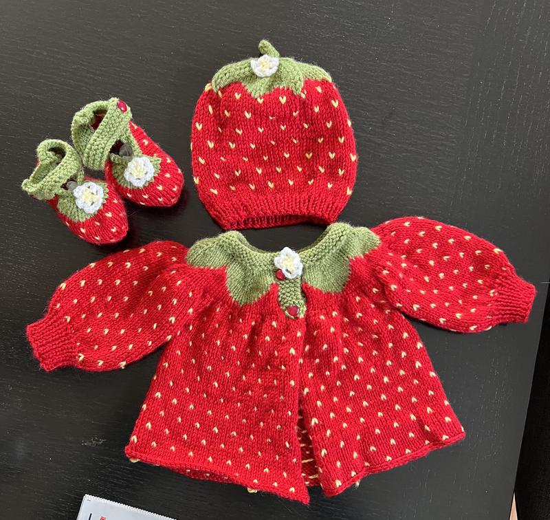Strawberry baby sweater, booties, and hat | MakerPlace by Michaels