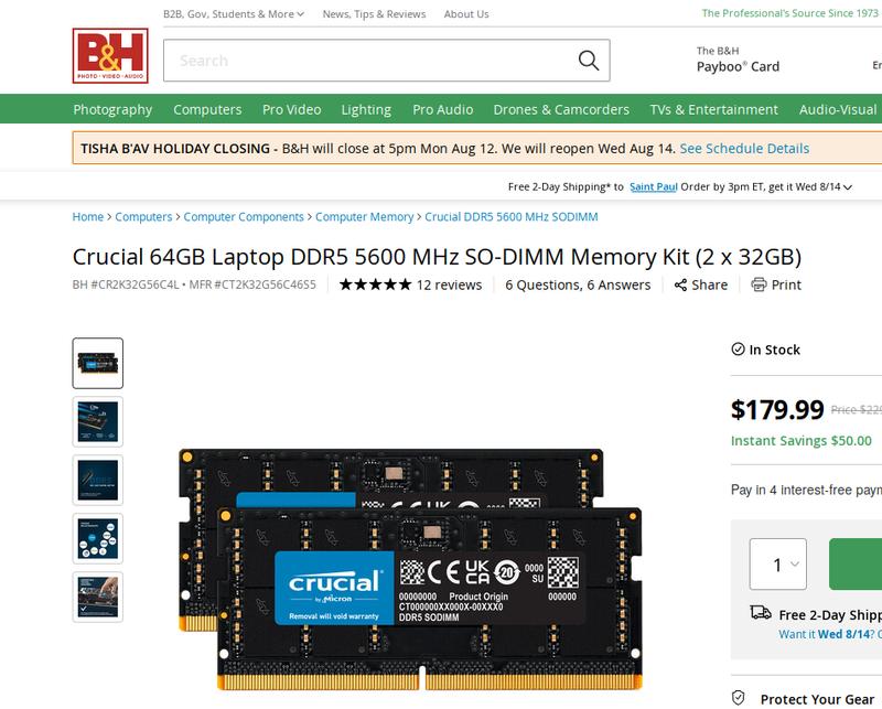Crucial 64GB (2 x 32GB) DDR5-5600 PC5-44800 CL46 Dual Channel