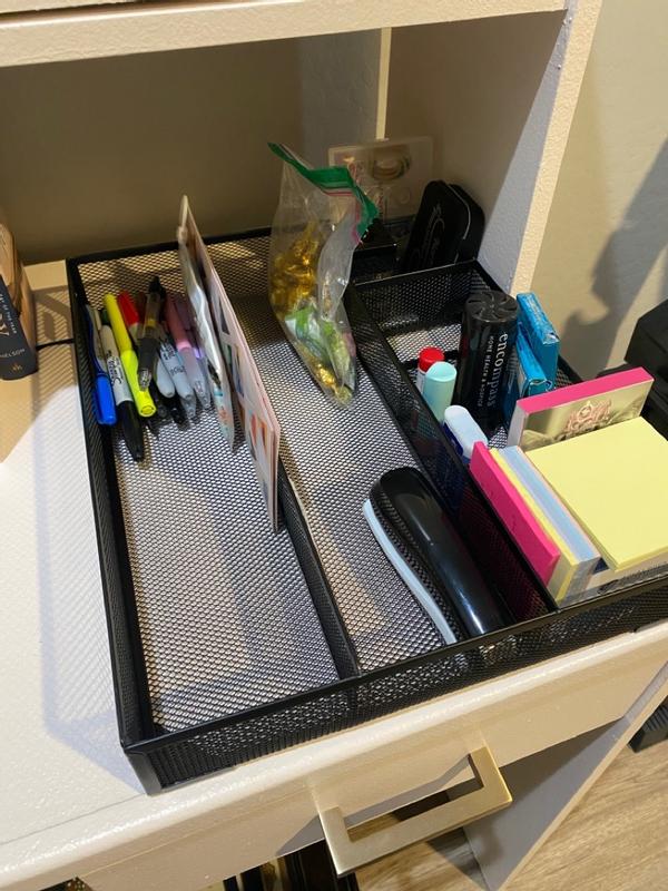 Metal Mesh Deep Desk Drawer Organizer, Six Compartments, 15.25 x 11.88 x  2.5, Black