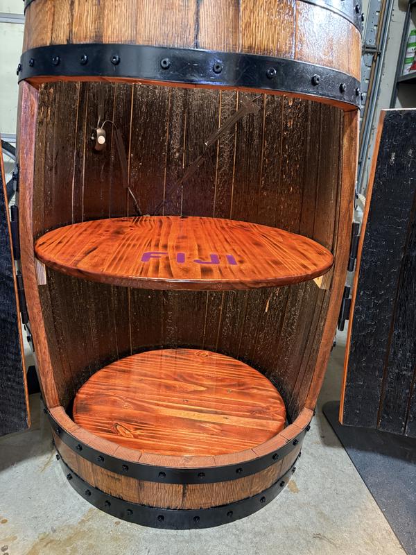 Bottom and middle shelf are gunstock231 on pine boards with the Minwax water based poly topcoat.  Barrel itself is just the poly over oak boards.