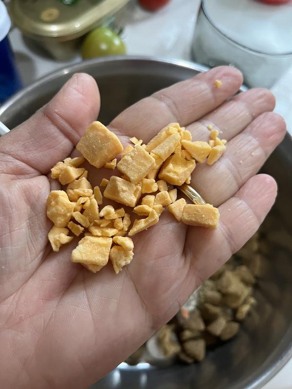 Very Yummy, but most pieces too small to carry in pocket as a tasty training treat.  Size is more like crumbs.