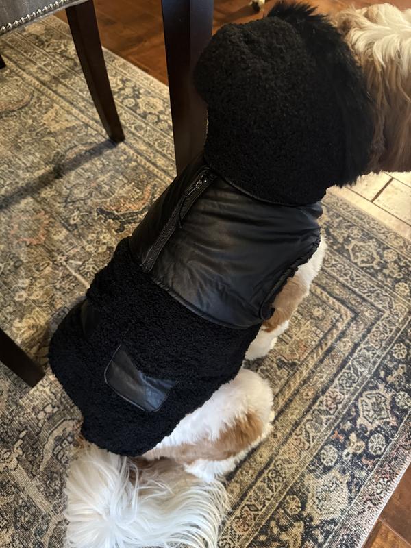 Frisco Medium Weight Faux Leather Dog & Cat Parka with Faux Fur Trimmed Hood, Black