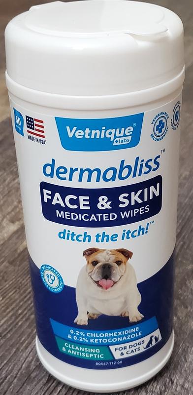 Vetnique Labs Dermabliss Medicated Face, Wrinkle & Skin Fold Chlorhexidine Cat & Dog Grooming Wipes, 60 count