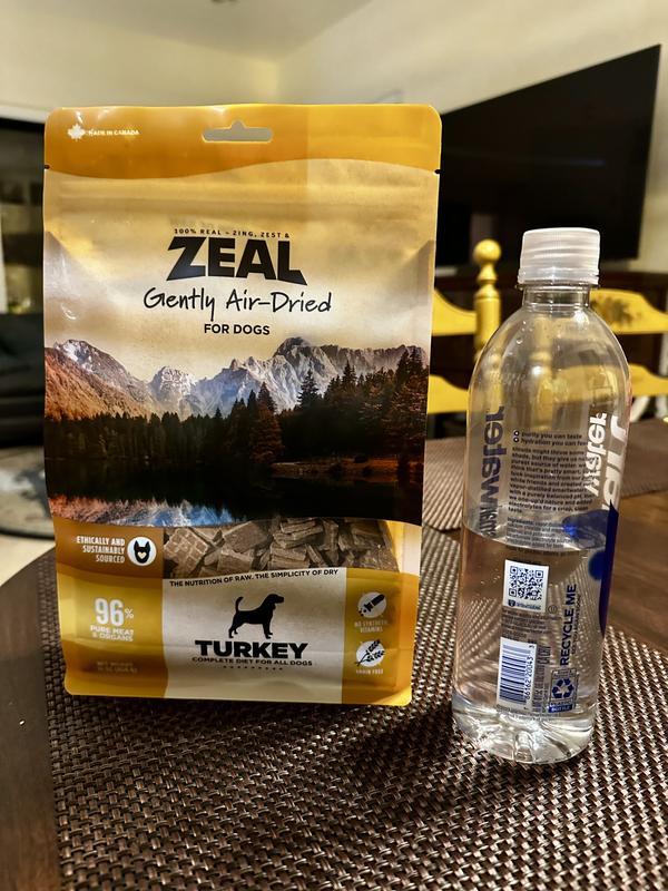 Size of 1lb bag next to a water bottle. It gives about 5 days of food for a 15-20 lb pup