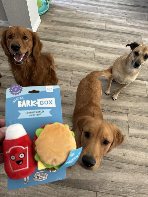 BARK Cookout Burger & Ketchup Picnic Pack Up Squeaky Plush Dog Chew Toy