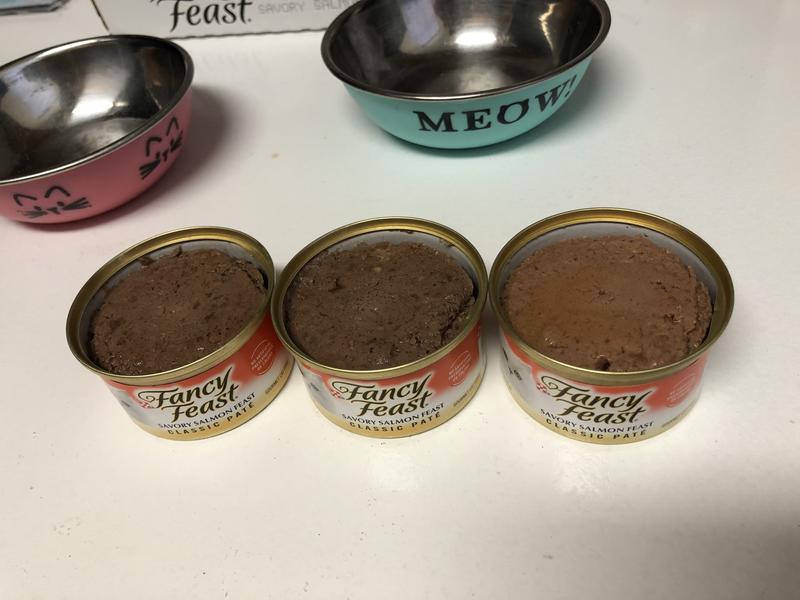 Cans to far left and center are from my order. Can on right from store. Product from Chewy is discolored and smells strange.