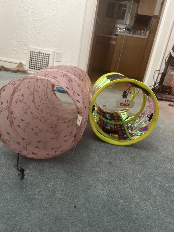 Look at the size comparison and I paid over $20 for the rave tunnel from Chewy on the right and the pink tunnel for $5 from 5 below on the left. These toys are supposed to be made for grown cats too and they’re not