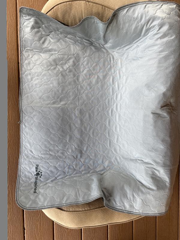 Gray pad covering her bed